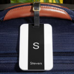 Monogram Two Tone Modern Black and White Luggage Tag<br><div class="desc">A minimalist monogram design with a black stripe down the centre with a monogram and your name below. The perfectly custom gift or accessory!</div>