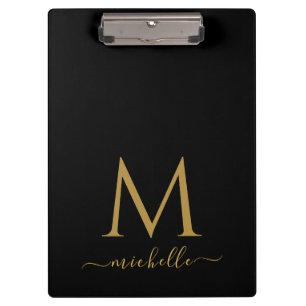 Monogram Typography Script Personalized Black Gold Clipboard