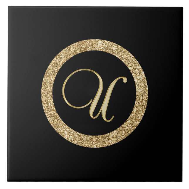 Monogram U, gold on midnight black, Tile (Front)
