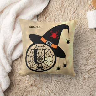 Monogram U Halloween Sky Witch Spiders Name Cushion