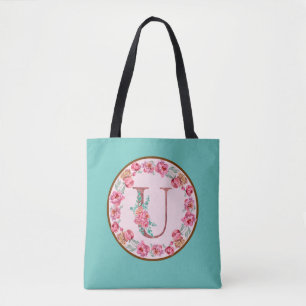 Monogram U Letter with Peony Flower Image Tote Bag