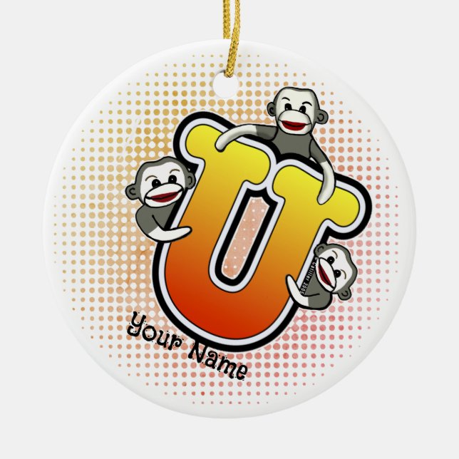 Monogram U Sock Monkey  Ceramic Tree Decoration (Front)