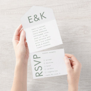 Monogram Ultra Modern Bold Big Sage Green Wedding All In One Invitation