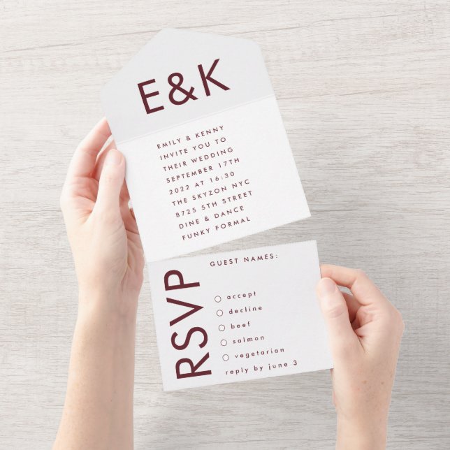 Monogram Ultra Modern Burgundy Maroon Wedding All In One Invitation (Tearaway)