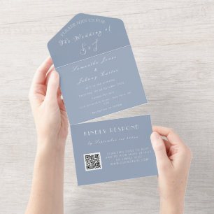 Monogram Unique Dusty Blue QR Code Wedding All In One Invitation