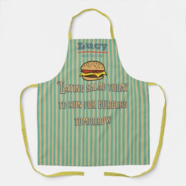 Monogram unique retro Burger Humourous stripes Apron (Front)