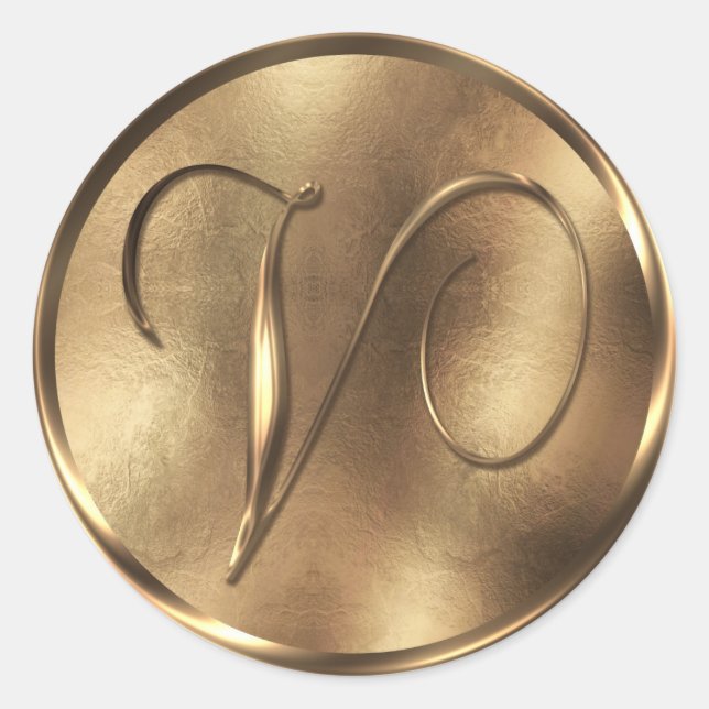 Monogram V Bronze Wedding Invitation Holiday Classic Round Sticker (Front)