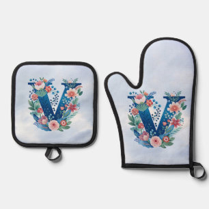 Monogram 'V' decorative floral design Oven Mitt & Pot Holder Set