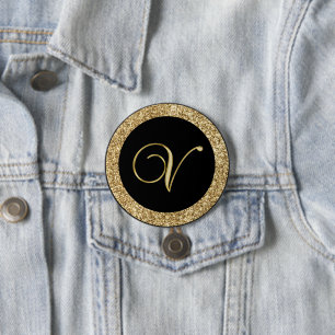 Monogram V, elegant golden script 7.5 Cm Round Badge