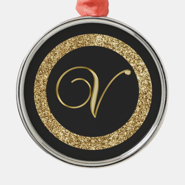 Monogram V, elegant golden script Metal Tree Decoration (Front)