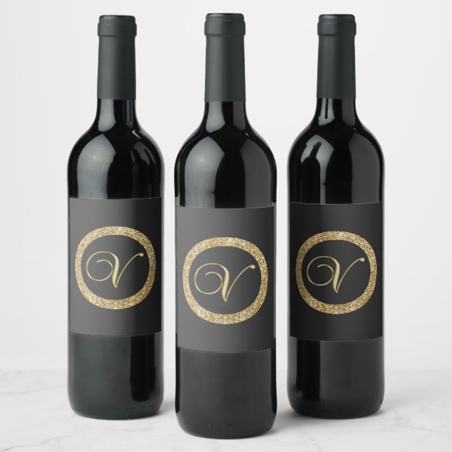 Monogram V, elegant golden script Wine Label (Bottles)
