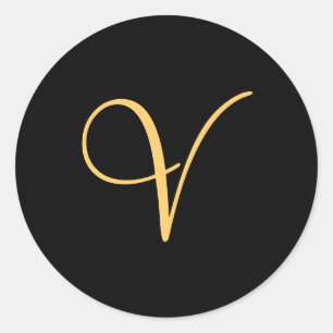 Monogram V,  gold coloured initial V on black, Classic Round Sticker