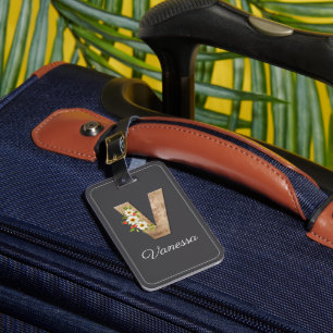 Monogram V gray wood letter flower Luggage Tag