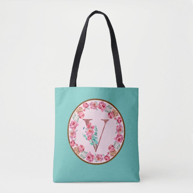 Monogram V Letter with Peony Flower Image Tote Bag (Front)
