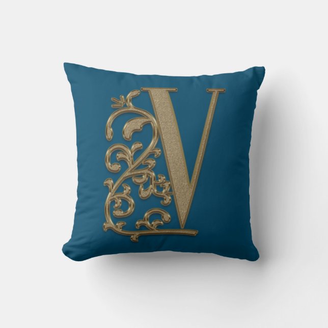 Monogram V Ocean Blue Wedding Birthday Cushion (Front)