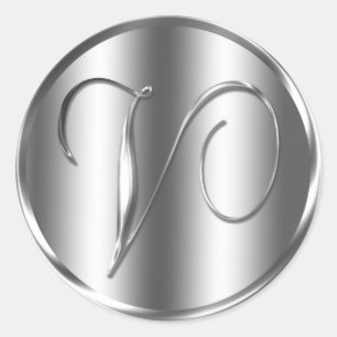 Monogram V Silver Colour Wedding Invitation Holida Classic Round Sticker
