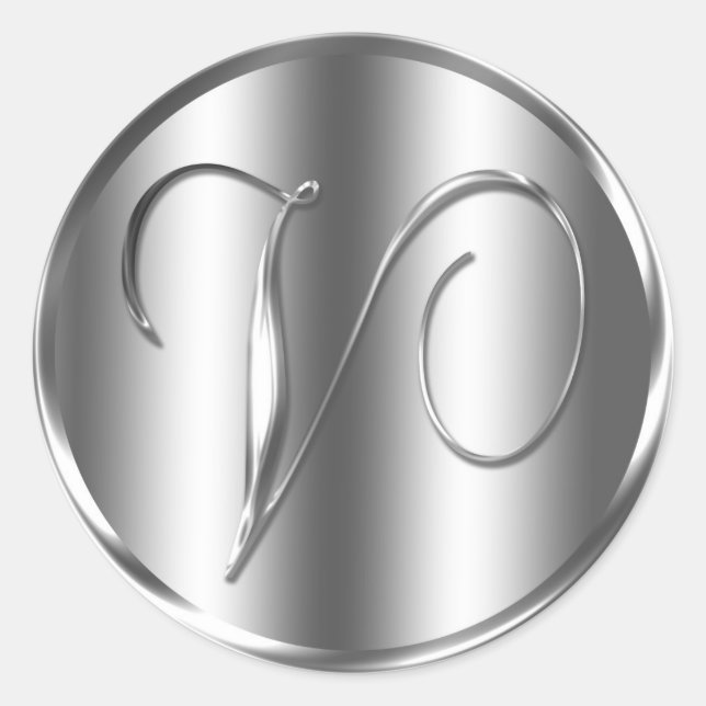 Monogram V Silver Colour Wedding Invitation Holida Classic Round Sticker (Front)