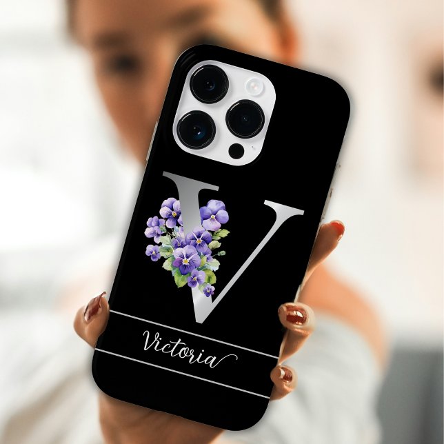 Monogram V silver custom name blue violets black Case-Mate iPhone Case (Creator Uploaded)