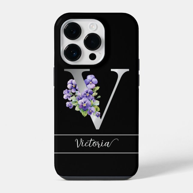 Monogram V silver custom name blue violets black iPhone Case (Back)