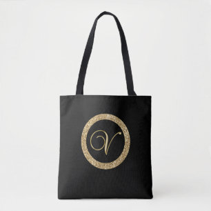 Monogram V, sparkling gold on midnight black, Tote Bag