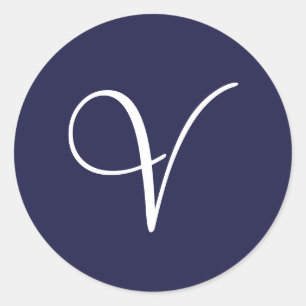 Monogram V, White on Navy Blue, Classic Round Sticker