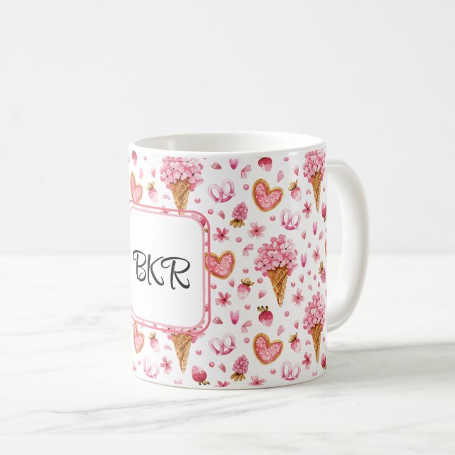 Monogram, Valentine Candy & Hydrangea Pattern 11oz Coffee Mug (Front Right)