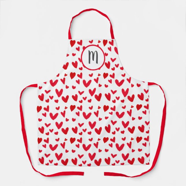 Monogram Valentines Red Doodle Hearts Pattern Apron (Front)