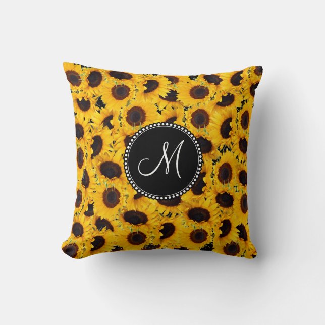 Monogram Vibrant Beautiful Sunflowers Floral Cushion (Front)