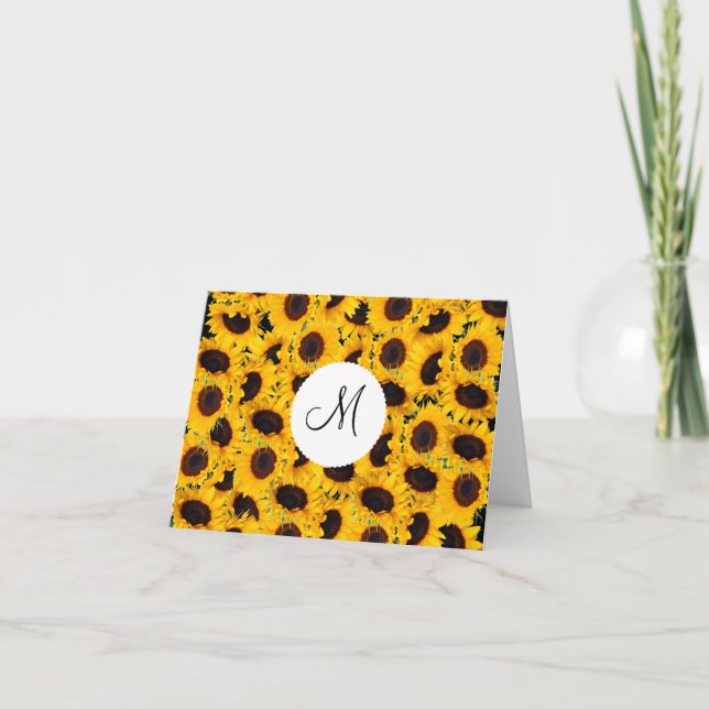 Monogram Vibrant Beautiful Sunflowers Floral Note Card (Front)
