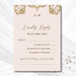 Monogram Victorian Beige Pearl Wedding RSVP Card
