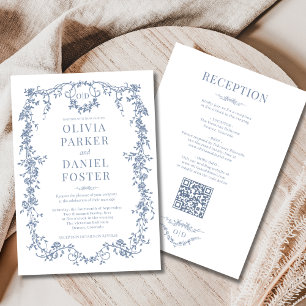 Monogram Victorian Dusty Blue All in One Wedding Invitation