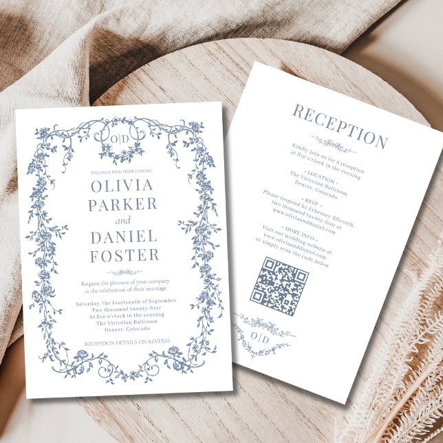 Monogram Victorian Dusty Blue All in One Wedding Invitation (Creator Uploaded)