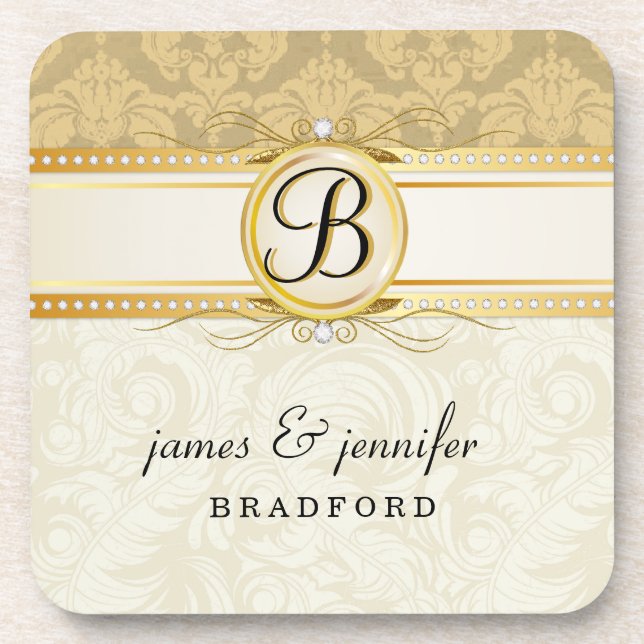 Monogram Victorian Gold Damask Cork Coaster Set (Front)