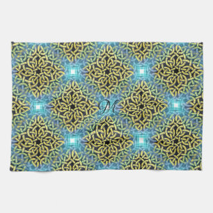 Monogram Victorian Golden Trim Aqua Background Tea Towel