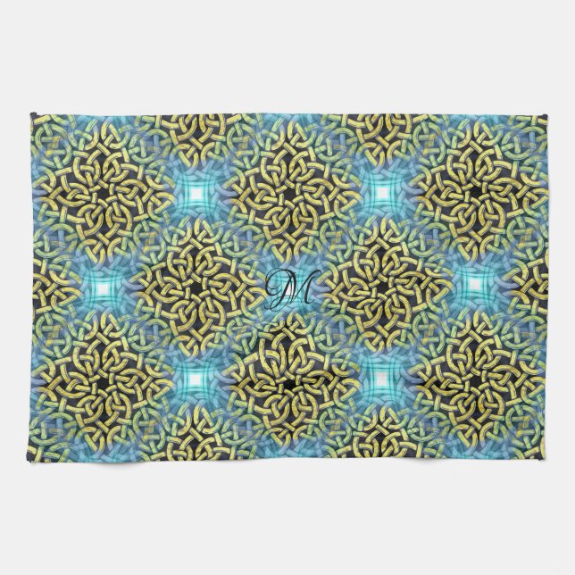 Monogram Victorian Golden Trim Aqua Background Tea Towel (Horizontal)