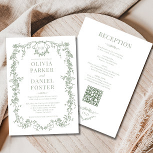 Monogram Victorian Sage Green All in One Wedding Invitation