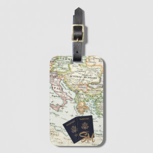 Monogram Vintage Antique Map & Passport Vacation Luggage Tag