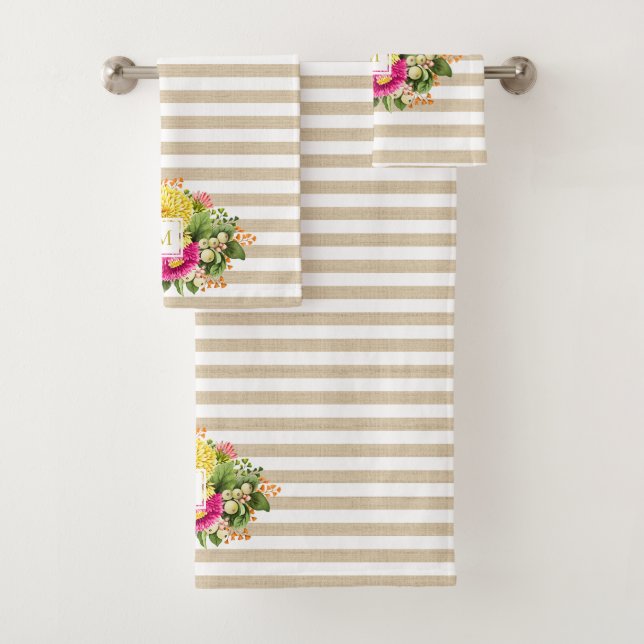 Monogram Vintage Asters Hot Pink Beige Towel Set (Insitu)