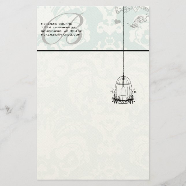 Monogram Vintage Bird Cage Stationery (Front)