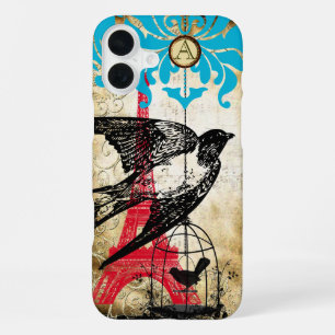 Monogram Vintage Bird Eiffiel Tower Steampunk iPhone 16 Plus Case