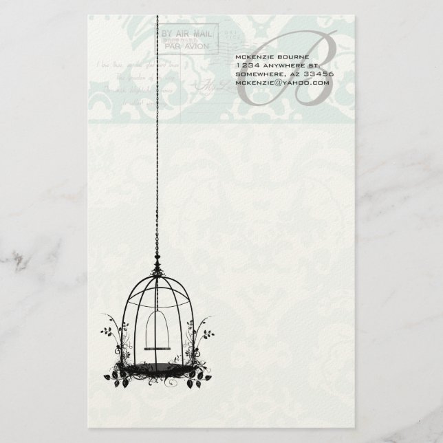 Monogram Vintage Birdcage Pastel Blue Floral Stationery (Front)