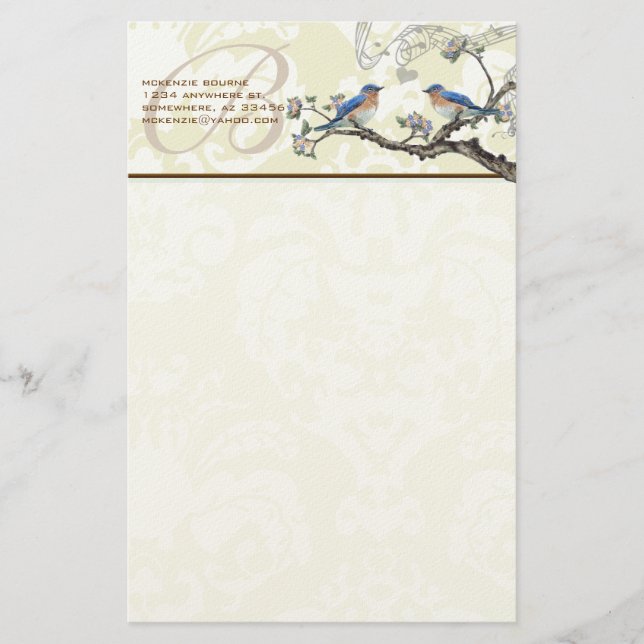 Monogram Vintage Birds Flowering Branch Stationery (Front)