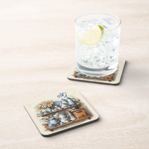 Monogram Vintage Blue Kitchen Coaster