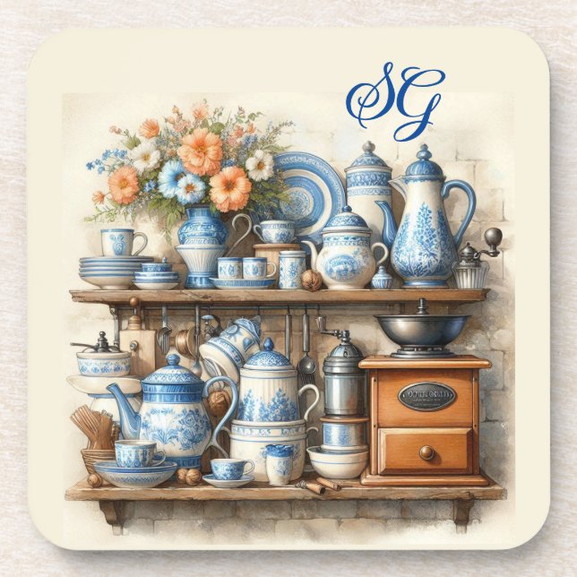 Monogram Vintage  Blue Kitchen  Coaster (Front)