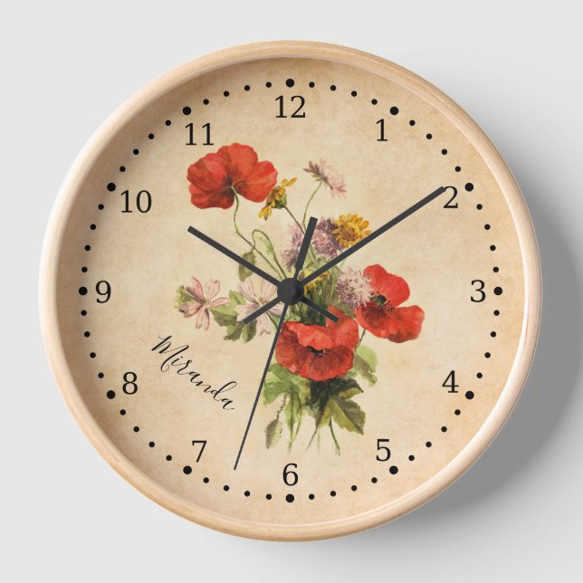 Monogram Vintage Bouquet Red Poppies Wild Flowers Clock (Front)