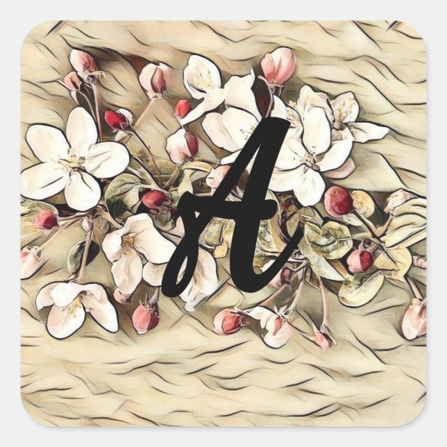 Monogram Vintage brown cherry blossoms drawing  Square Sticker (Front)