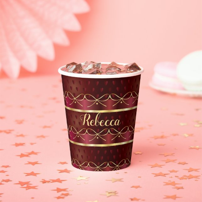 Monogram Vintage Burgundy Colour Luxury Gold Paper Cups (Insitu)