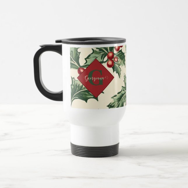 Monogram Vintage Christmas Holly & Berries Pattern Travel Mug (Left)