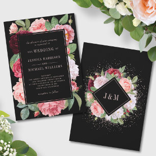 Monogram Vintage Elegant Floral Rose Black Wedding Invitation