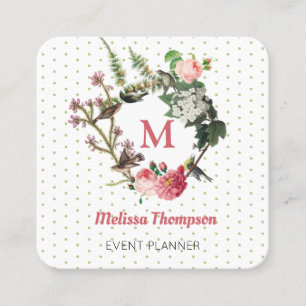 Monogram Vintage Floral Bird Wreath Event Planner Square Business Card
